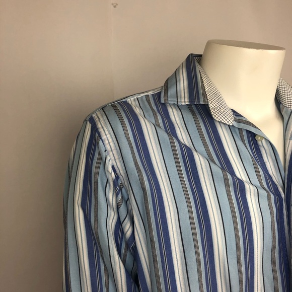 Thomas Dean Men's Blue Striped Button Down Dress Shirt Medium 100% Cotton - Picture 6 of 10